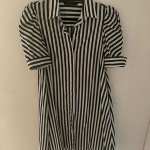 Zara, S, green and white striped cotton shirt dress